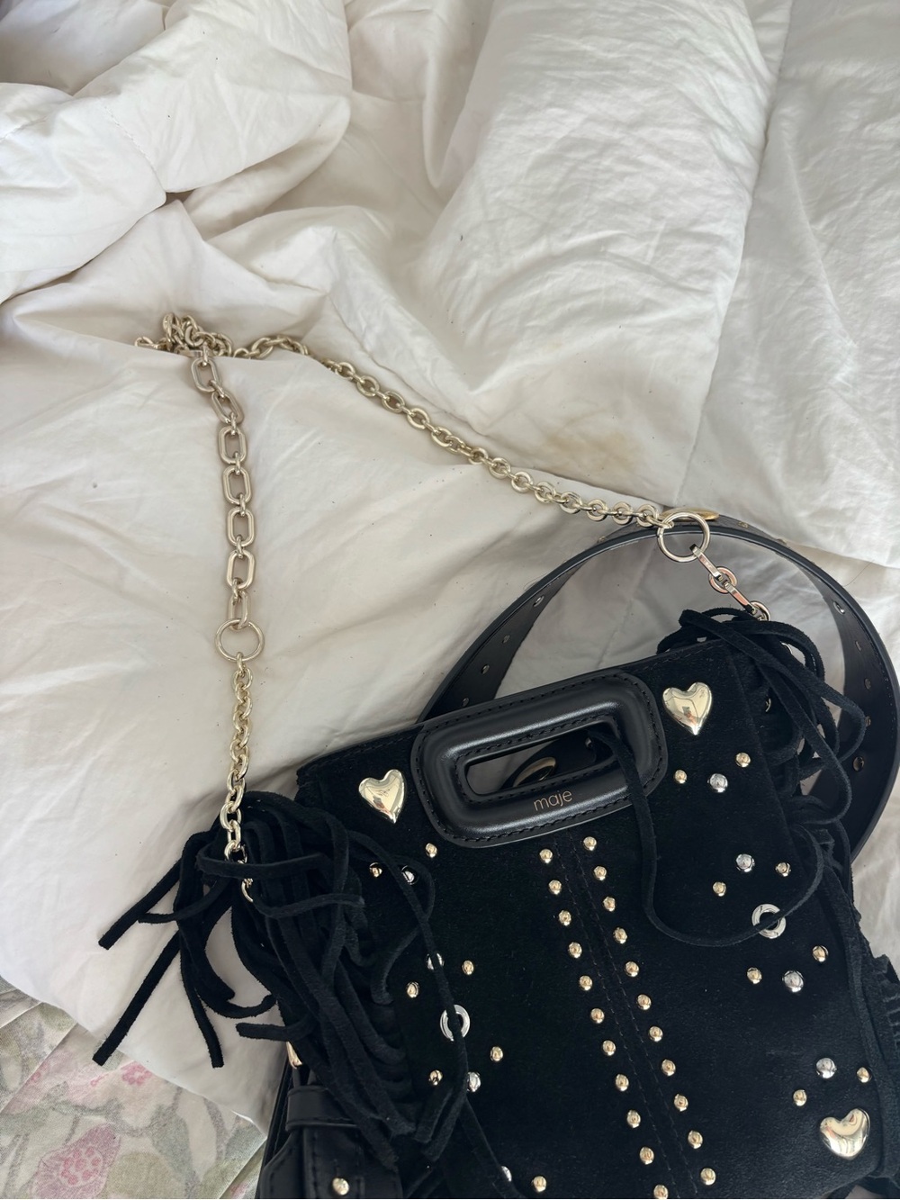 Maje Black Suede Fringe Crossbody with Gold Heart Studs - Picture 7 of 7